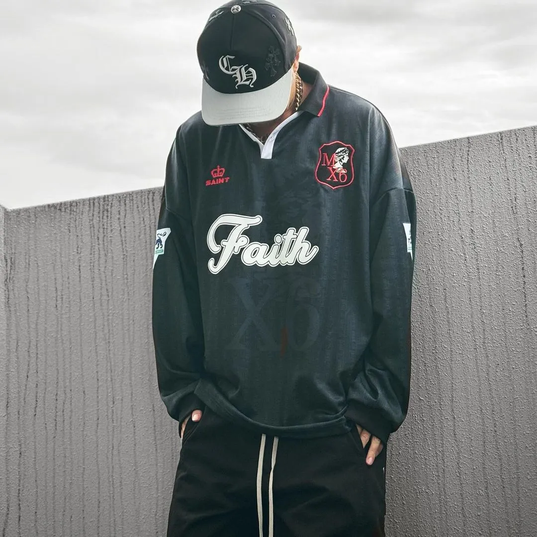 SAINT M×××××× SOCCER SHIRT 'FAITH'/BLK FAITH Football Long Sleeve Black S-XL This design has a lot of craftsmanship Digital fabric printing/front positioning printing laser cutting Offset printing + flocking printing + embossing Imported Behringer machine embroidery Flat machine collar + cuffs Genuine consistent main mark/wash mark/cherub mark